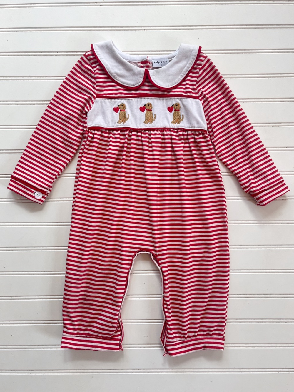 ABBIE & EVIE EUC Girls Red Striped Dog Valentine Peter Pan Collar Romper